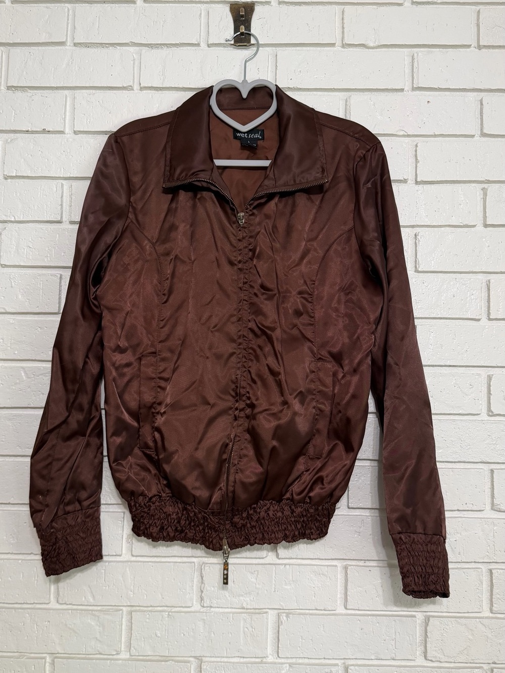 Vintage Y2K Wet Seal Brown Satin Ruched Bomber Jacket Women’s Large